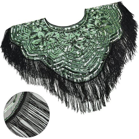 Women's Black Green 1920s Shawl Sequin Beaded Art Evening Cape Tassel Shawls - Picture 3 of 6